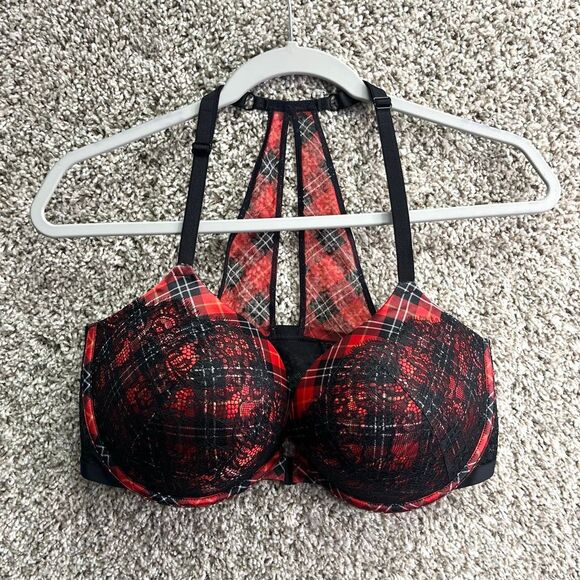 Victoria’s Secret Bra Women’s 38DD Very Sexy Red & Black Plaid Racerback Push Up - Picture 1 of 5